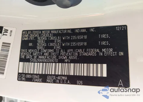 2022 Toyota Highlander Xle из США, поврежденный, VIN 5TDGZRAHXNS099010